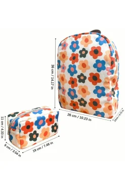 Discount Dear-Lover Flower Print Corduroy Backpack with Matching Pouch Khaki