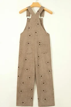 Best Dear-Lover Flower Print Corduroy Overalls Khaki