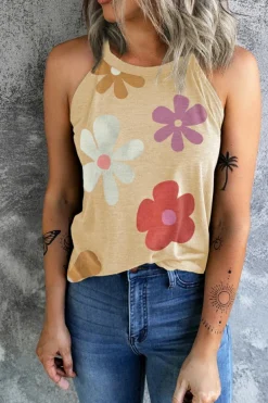 New Dear-Lover Flower Print Round Neck Tank Khaki