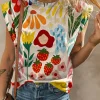 Discount Dear-Lover Flower Print Round Neck Cap Sleeve T Shirt Khaki