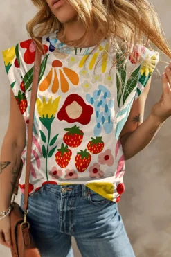 Discount Dear-Lover Flower Print Round Neck Cap Sleeve T Shirt Khaki