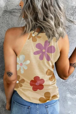 New Dear-Lover Flower Print Round Neck Tank Khaki