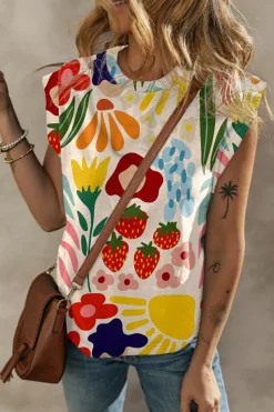 Discount Dear-Lover Flower Print Round Neck Cap Sleeve T Shirt Khaki