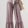 Fashion Dear-Lover Frilled Drawstring High Waist Wide Leg Pants Khaki