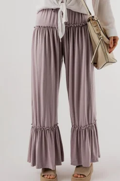 Fashion Dear-Lover Frilled Drawstring High Waist Wide Leg Pants Khaki