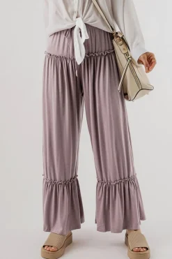 Fashion Dear-Lover Frilled Drawstring High Waist Wide Leg Pants Khaki