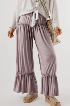 Fashion Dear-Lover Frilled Drawstring High Waist Wide Leg Pants Khaki