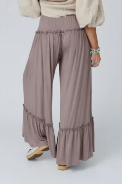 Fashion Dear-Lover Frilled Drawstring High Waist Wide Leg Pants Khaki