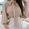Hot Dear-Lover Frilled Knotted Mock Neck Bishop Sleeve Blouse Khaki