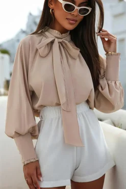 Hot Dear-Lover Frilled Knotted Mock Neck Bishop Sleeve Blouse Khaki