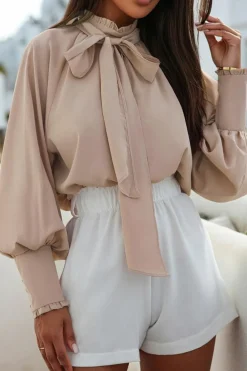Hot Dear-Lover Frilled Knotted Mock Neck Bishop Sleeve Blouse Khaki