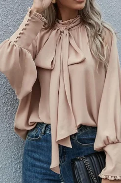 Hot Dear-Lover Frilled Knotted Mock Neck Bishop Sleeve Blouse Khaki