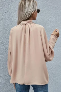 Hot Dear-Lover Frilled Knotted Mock Neck Bishop Sleeve Blouse Khaki