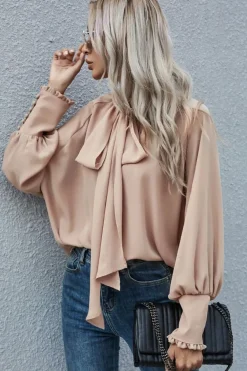 Hot Dear-Lover Frilled Knotted Mock Neck Bishop Sleeve Blouse Khaki