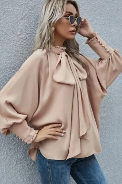 Hot Dear-Lover Frilled Knotted Mock Neck Bishop Sleeve Blouse Khaki