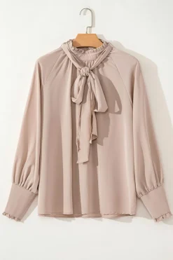 Hot Dear-Lover Frilled Knotted Mock Neck Bishop Sleeve Blouse Khaki