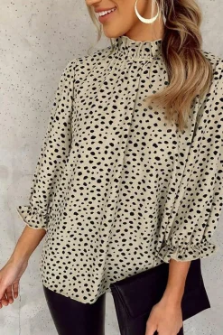 Sale Dear-Lover Frilled Neck 3/4 Sleeves Cheetah Blouse Khaki