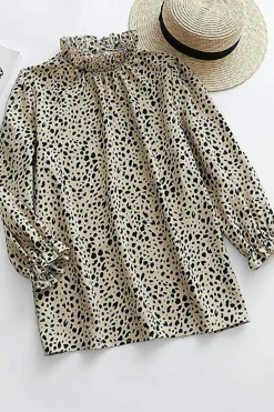 Sale Dear-Lover Frilled Neck 3/4 Sleeves Cheetah Blouse Khaki