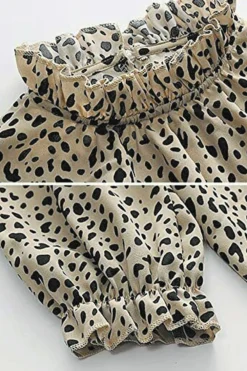 Sale Dear-Lover Frilled Neck 3/4 Sleeves Cheetah Blouse Khaki