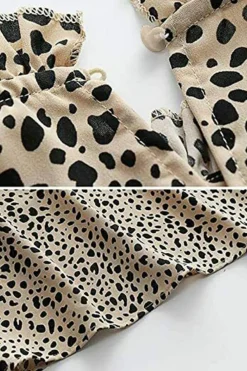 Sale Dear-Lover Frilled Neck 3/4 Sleeves Cheetah Blouse Khaki