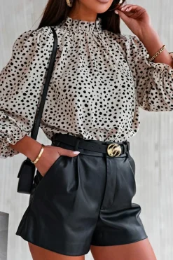 Sale Dear-Lover Frilled Neck 3/4 Sleeves Cheetah Blouse Khaki