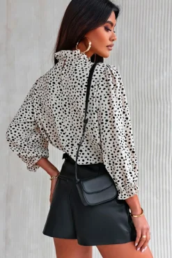 Sale Dear-Lover Frilled Neck 3/4 Sleeves Cheetah Blouse Khaki