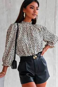 Sale Dear-Lover Frilled Neck 3/4 Sleeves Cheetah Blouse Khaki