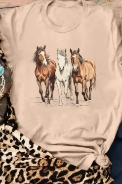 Discount Dear-Lover Gallant Horses Printed Casual T Shirt Khaki