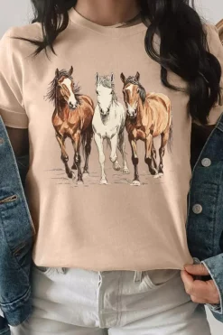 Discount Dear-Lover Gallant Horses Printed Casual T Shirt Khaki
