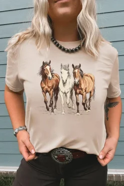 Discount Dear-Lover Gallant Horses Printed Casual T Shirt Khaki