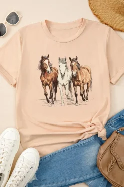 Discount Dear-Lover Gallant Horses Printed Casual T Shirt Khaki