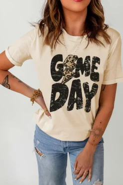 New Dear-Lover Game Day Rugby Football Season Leopard Lightning T Shirt Khaki