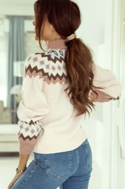 Fashion Dear-Lover Geometric Pattern Ribbed Trim High Neck Sweater Khaki