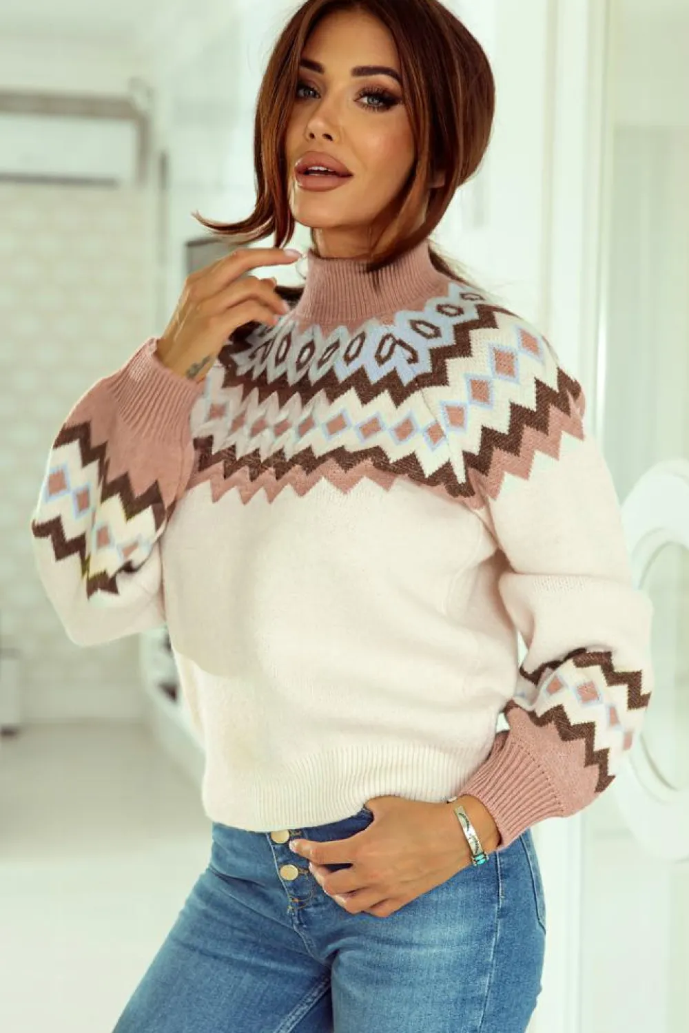 Fashion Dear-Lover Geometric Pattern Ribbed Trim High Neck Sweater Khaki