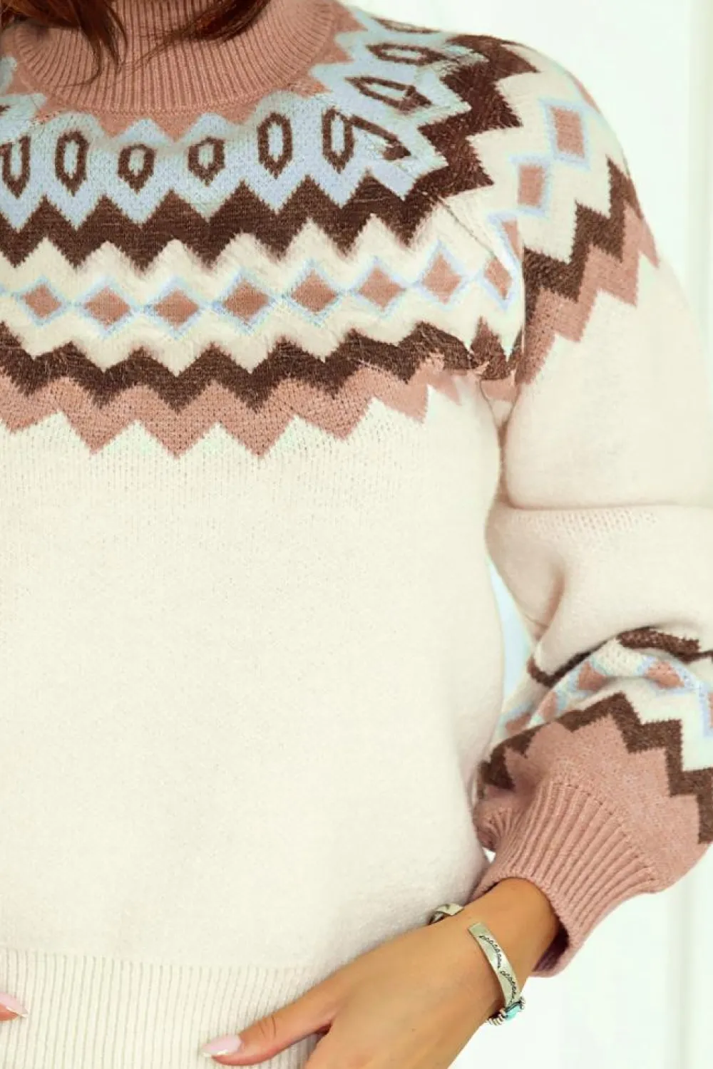 Fashion Dear-Lover Geometric Pattern Ribbed Trim High Neck Sweater Khaki