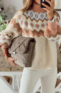 Fashion Dear-Lover Geometric Pattern Ribbed Trim High Neck Sweater Khaki