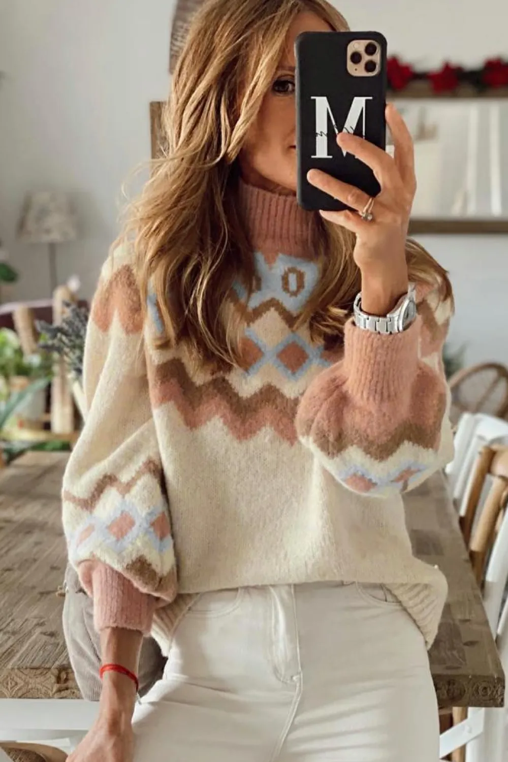 Fashion Dear-Lover Geometric Pattern Ribbed Trim High Neck Sweater Khaki