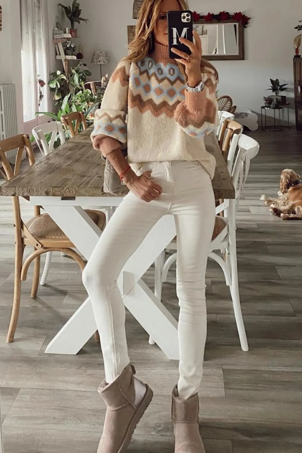 Fashion Dear-Lover Geometric Pattern Ribbed Trim High Neck Sweater Khaki