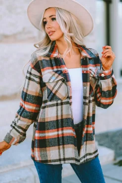 Online Dear-Lover Geometric Plaid Print Pocketed Shacket Khaki