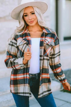 Online Dear-Lover Geometric Plaid Print Pocketed Shacket Khaki
