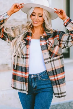 Online Dear-Lover Geometric Plaid Print Pocketed Shacket Khaki