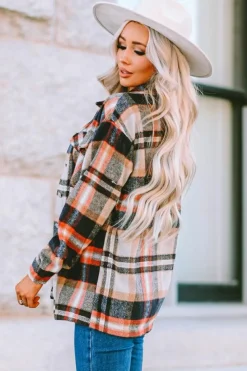 Online Dear-Lover Geometric Plaid Print Pocketed Shacket Khaki