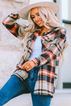 Online Dear-Lover Geometric Plaid Print Pocketed Shacket Khaki
