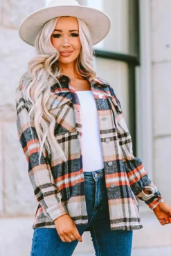Online Dear-Lover Geometric Plaid Print Pocketed Shacket Khaki