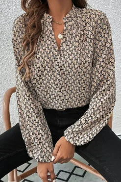 Online Dear-Lover Geometric Print Notched Neck Puff Sleeve Blouse Khaki