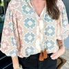 Sale Dear-Lover Geometric Print Tassel Tie Split Neck Balloon Sleeve Blouse Khaki