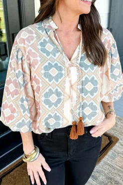 Sale Dear-Lover Geometric Print Tassel Tie Split Neck Balloon Sleeve Blouse Khaki