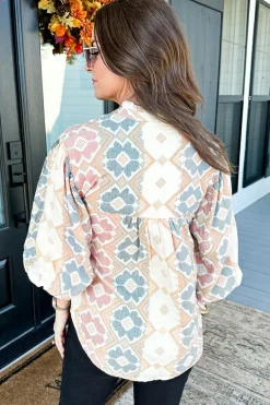 Sale Dear-Lover Geometric Print Tassel Tie Split Neck Balloon Sleeve Blouse Khaki