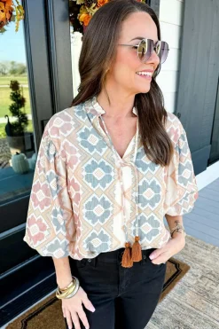 Sale Dear-Lover Geometric Print Tassel Tie Split Neck Balloon Sleeve Blouse Khaki