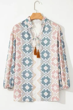 Sale Dear-Lover Geometric Print Tassel Tie Split Neck Balloon Sleeve Blouse Khaki
